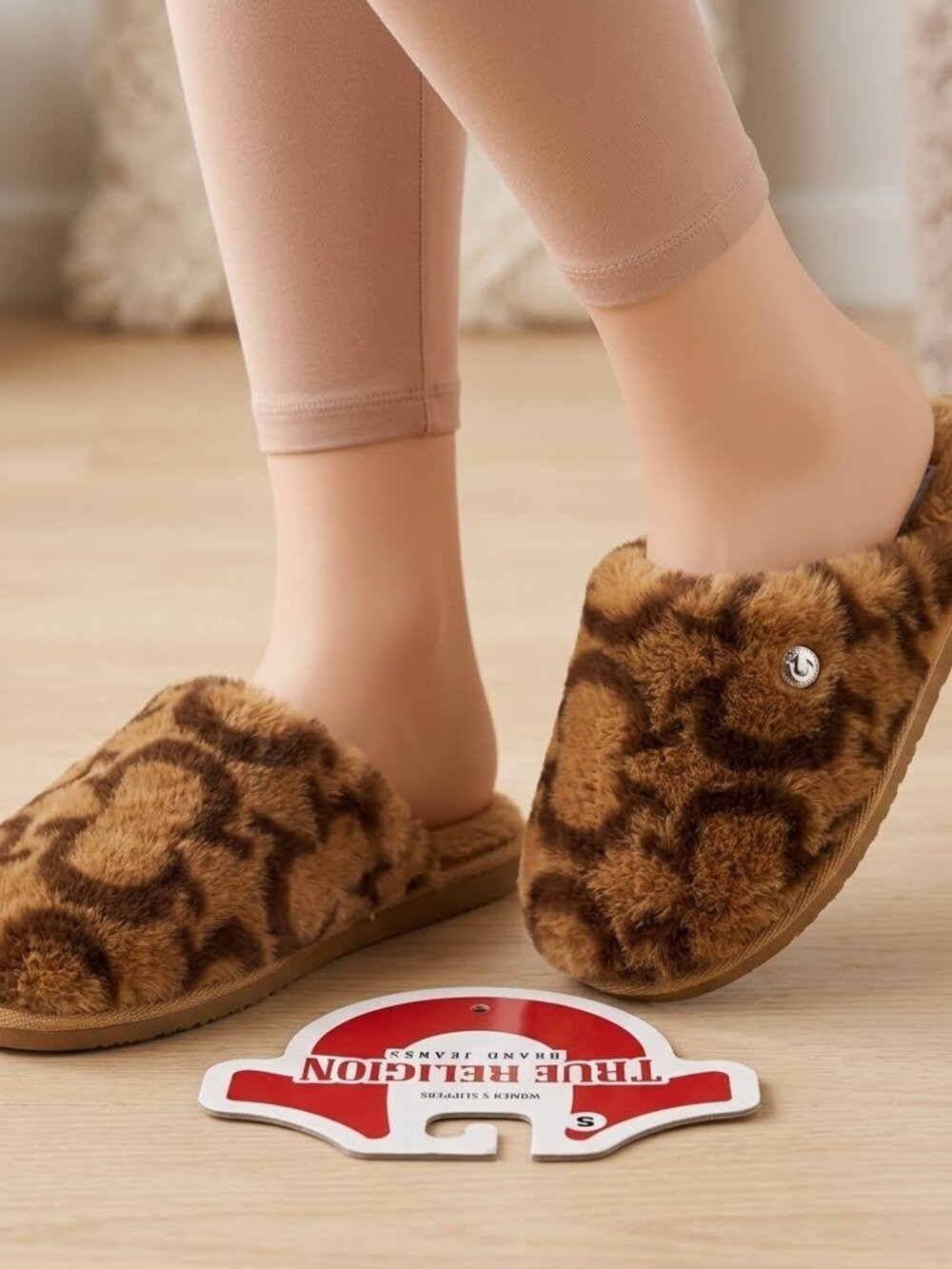 True Religion Women's Slide Slippers Featuring a Brown Leopard-Print Faux Fur